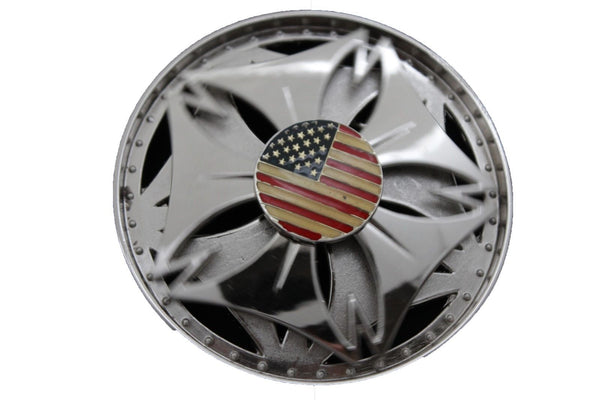 Silver Metal Spinning Round Shape American Flag USA Belt Buckle Men Women Accessories
