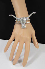 Silver Metal Cuff Bracelet Big Bull Horns Multi Rhinestones Women Fashion Jewelry Accessories - alwaystyle4you - 1