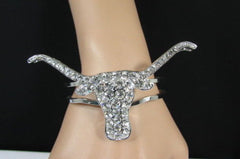 Silver Metal Cuff Bracelet Big Bull Horns Multi Rhinestones New Women Fashion Jewelry Accessories - alwaystyle4you - 2