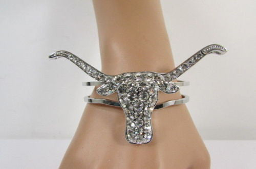 Silver Metal Cuff Bracelet Big Bull Horns Multi Rhinestones New Women Fashion Jewelry Accessories - alwaystyle4you - 3
