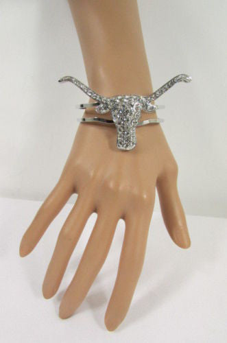 Silver Metal Cuff Bracelet Big Bull Horns Multi Rhinestones New Women Fashion Jewelry Accessories - alwaystyle4you - 4