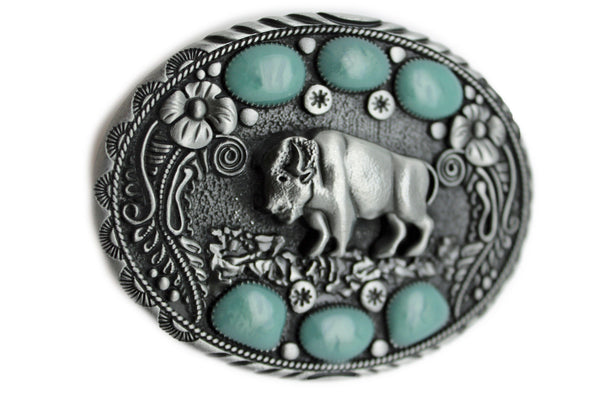 Silver Metal Bison Buffalo Ox Bling Turquoise Oval Belt Buckle New Men Women Cowboy Accessories