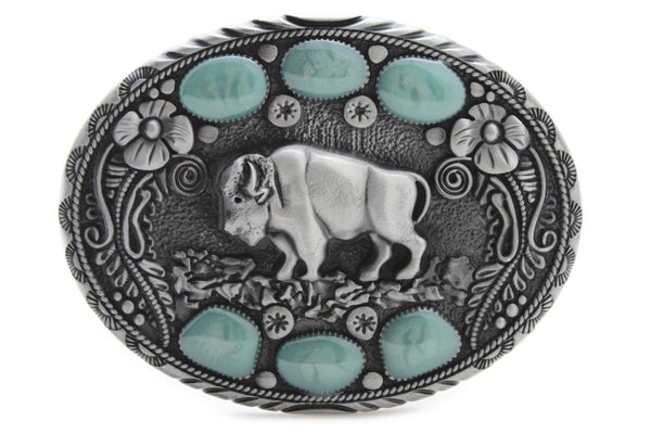 Silver Metal Bison Buffalo Ox Bling Turquoise Oval Belt Buckle New Men Women Cowboy Accessories