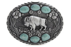 Bison Buffalo & Turquoise Beads Oval Shaped Metal Belt Buckle