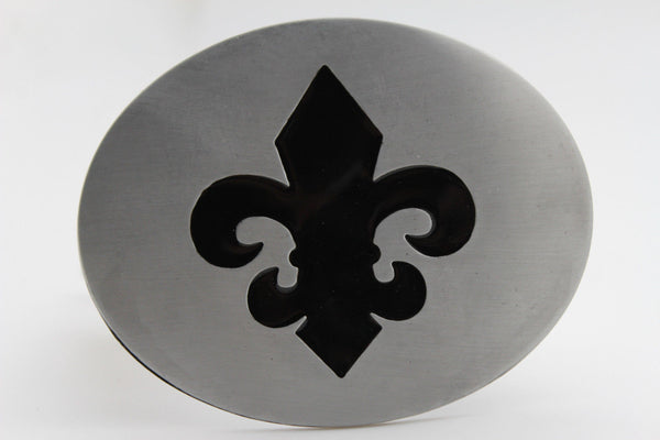 Silver Metal Black Fluer De Lis Lily Flower Belt Buckle Oval Shape Men Women Accessories