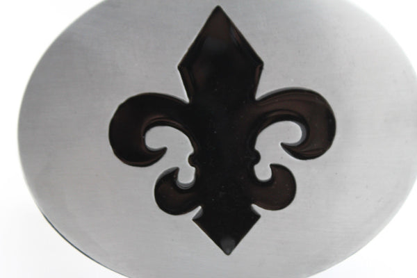 Silver Metal Black Fluer De Lis Lily Flower Belt Buckle Oval Shape Men Women Accessories