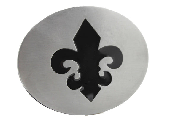 Silver Metal Black Fluer De Lis Lily Flower Belt Buckle Oval Shape Men Women Accessories