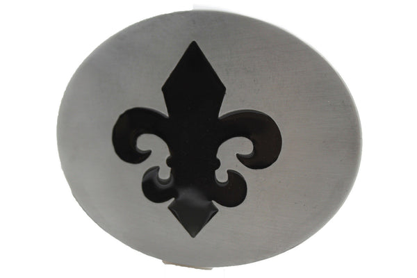 Silver Metal Black Fluer De Lis Lily Flower Belt Buckle Oval Shape Men Women Accessories