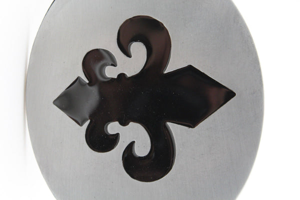 Silver Metal Black Fluer De Lis Lily Flower Belt Buckle Oval Shape Men Women Accessories