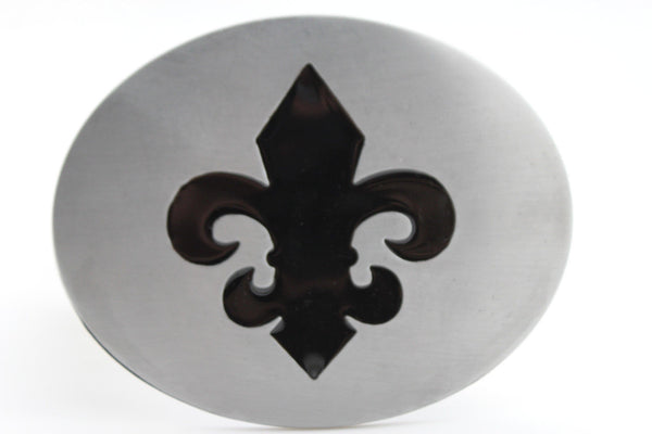 Silver Metal Black Fluer De Lis Lily Flower Belt Buckle Oval Shape Men Women Accessories