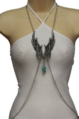 Silver Metal Body Chain Angel Wing Harness Turquoise Long Necklace
