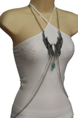 Silver Metal Body Chain Angel Wing Harness Turquoise Long Necklace