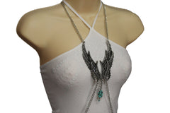 Silver Metal Body Chain Angel Wing Harness Turquoise Long Necklace