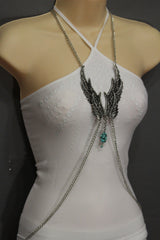 Silver Metal Body Chain Angel Wing Harness Turquoise Long Necklace