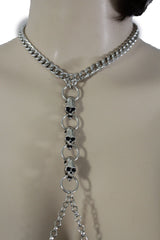 Silver Metal Body Chain Harness Necklace Skeleton Skulls