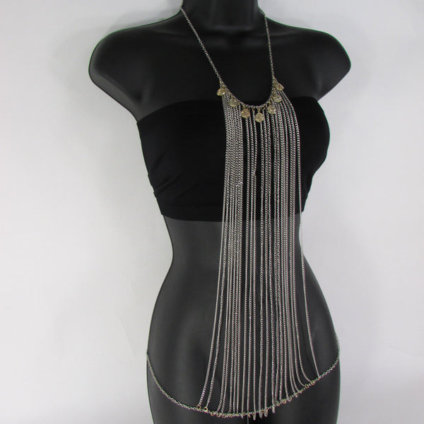 Silver Metal Body Chains Frontal Multi Coins Long Necklace New Women Jewelry Accessories