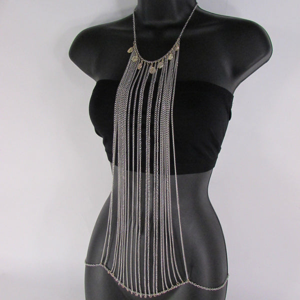 Silver Metal Body Chains Frontal Multi Coins Long Necklace New Women Jewelry Accessories