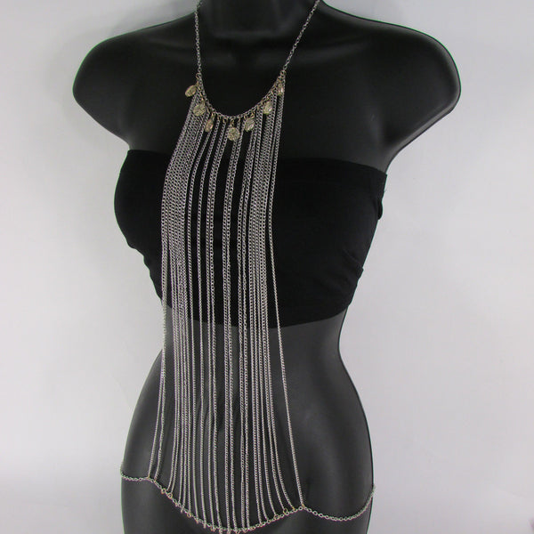 Silver Metal Body Chains Frontal Multi Coins Long Necklace New Women Jewelry Accessories