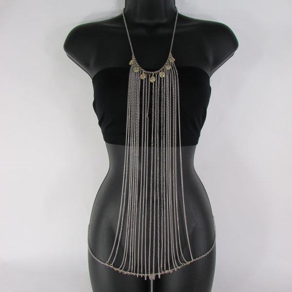 Silver Metal Body Chains Frontal Multi Coins Long Necklace New Women Jewelry Accessories