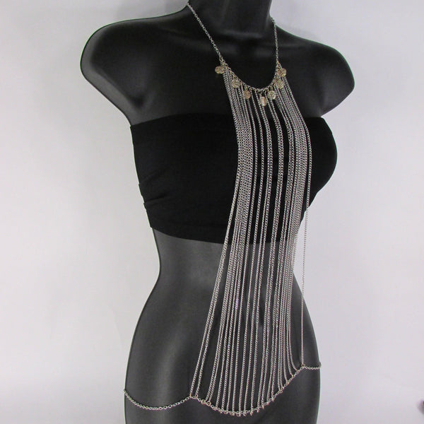 Silver Metal Body Chains Frontal Multi Coins Long Necklace New Women Jewelry Accessories
