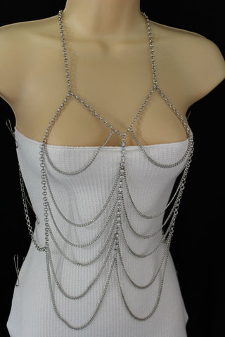 Silver Metal Body Chains Waves Rhinestone Hot Harness Necklace New Women Fashion Jewelry Accessories