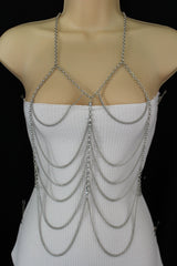 Silver Metal Body Chains Waves Rhinestone Hot Harness Necklace