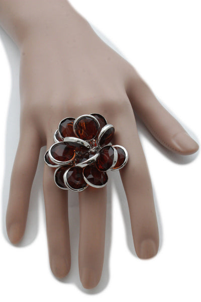 Silver Metal Brown Or Black Beads Big Flower Knuckle One Size Band Ring Women Jewelry Accessories