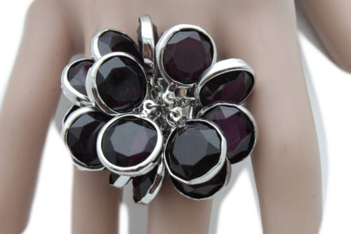 Silver Metal Brown Or Black Beads Big Flower Knuckle One Size Band Ring Women Jewelry Accessories