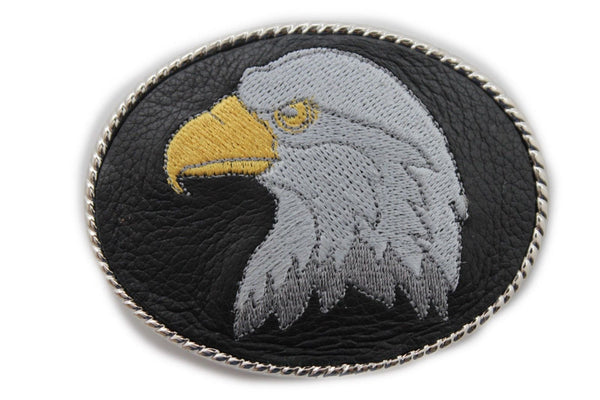 Silver Metal Casual Black Leather American Big Eagle Head Belt Buckle Western New Unisex Accessories