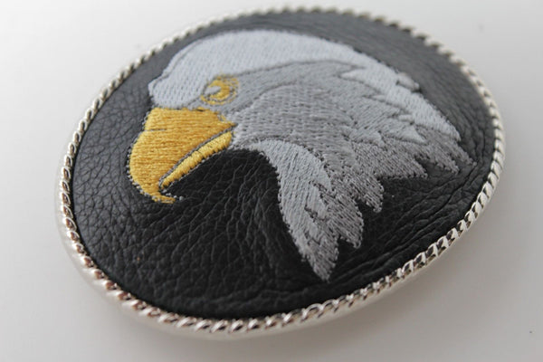 Silver Metal Casual Black Leather American Big Eagle Head Belt Buckle Western New Unisex Accessories
