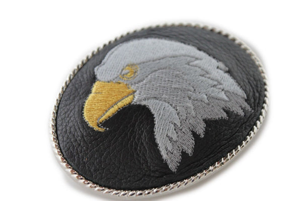 Silver Metal Casual Black Leather American Big Eagle Head Belt Buckle Western New Unisex Accessories