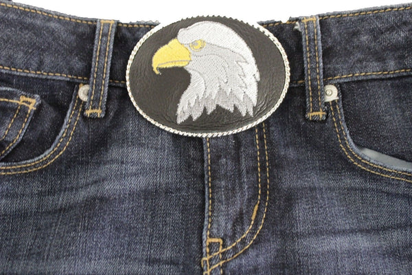 Silver Metal Casual Black Leather American Big Eagle Head Belt Buckle Western New Unisex Accessories