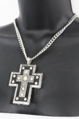 Silver Metal Chain Big Rhinestones Cross Pendant Long Necklace