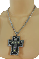 Silver Metal Chain Big Rhinestones Cross Pendant Long Necklace