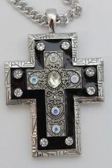Silver Metal Chain Big Rhinestones Cross Pendant Long Necklace