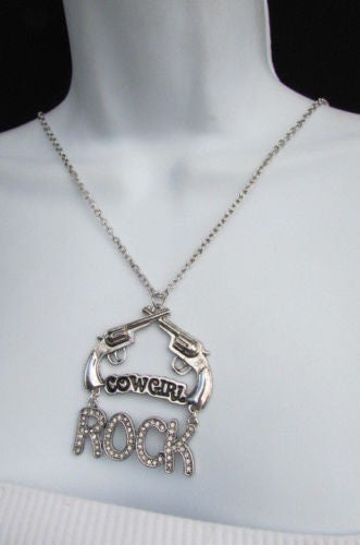 Silver Metal Chain Rock Cowgirl Rock Hand Gun 18" Long Necklace New Women Western Fashion Jewelry Accessories