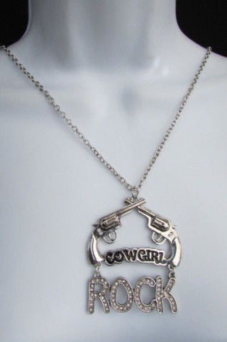 Silver Metal Chain Rock Cowgirl Rock Hand Gun 18" Long Necklace New Women Western Fashion Jewelry Accessories