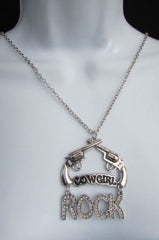 Silver Metal Chain Rock Cowgirl Rock Hand Gun 18" Long Necklace Women Western