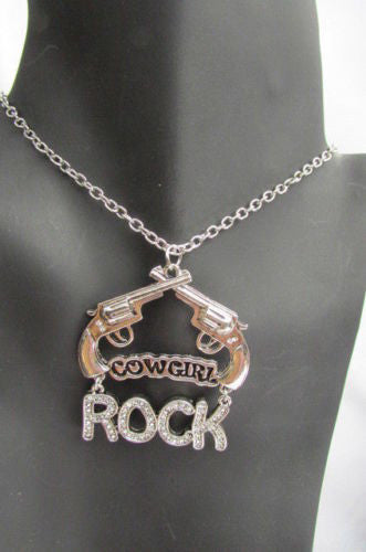 Silver Metal Chain Rock Cowgirl Rock Hand Gun 18" Long Necklace New Women Western Fashion Jewelry Accessories