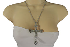Silver Metal Chain Large Cross Bless Rhinestones Pendant Necklace