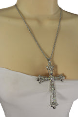 Silver Metal Chain Large Cross Bless Rhinestones Pendant Necklace