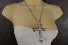 Silver Metal Chain Large Cross Bless Rhinestones Pendant Necklace