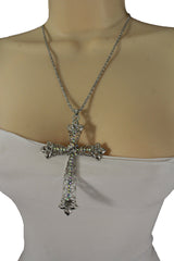 Silver Metal Chain Large Cross Bless Rhinestones Pendant Necklace