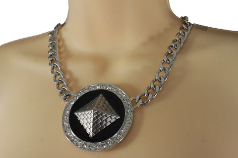 Silver Metal Chain Links Egyptian Pyramid Building Travel Trip Necklace Women Accessories