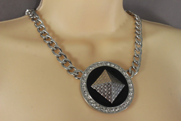 Silver Metal Chain Links Egyptian Pyramid Building Travel Trip Necklace Women Accessories