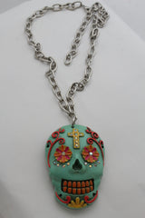 Silver Metal Chain Long Necklace Day Of The Dead Skull