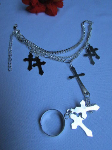 Silver Metal Chains Bracelet Slave Ring  Big Cross & 2 Small Charms Cross New Women Accessories