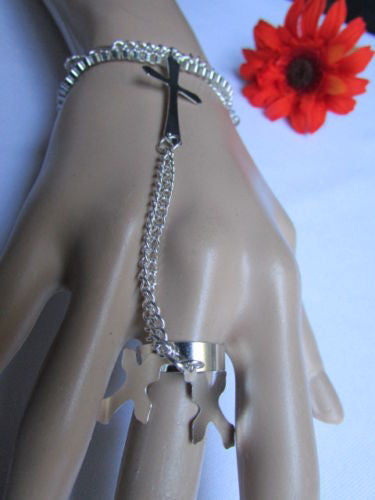 Silver Metal Chains Bracelet Slave Ring  Big Cross & 2 Small Charms Cross New Women Accessories