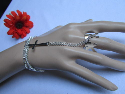 Silver Metal Chains Bracelet Slave Ring  Big Cross & 2 Small Charms Cross New Women Accessories