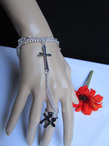 Silver Metal Chains Bracelet Slave Ring  Big Cross & 2 Small Charms Cross New Women Accessories